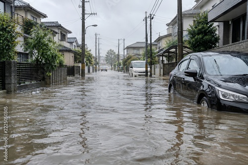 豪雨による冠水で水浸しになった住宅街の道路と車