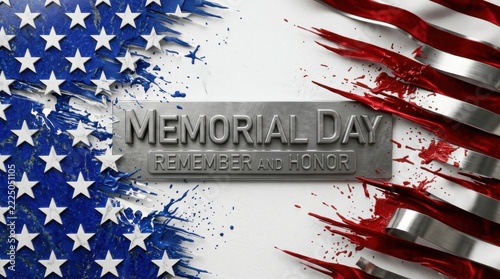 Memorial Day Remember and Honor Concept with American Flag Elements and Metal Plaque