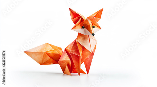 A detailed origami fox crafted from orange paper, showcasing sharp folds and geometric shapes on a white background.