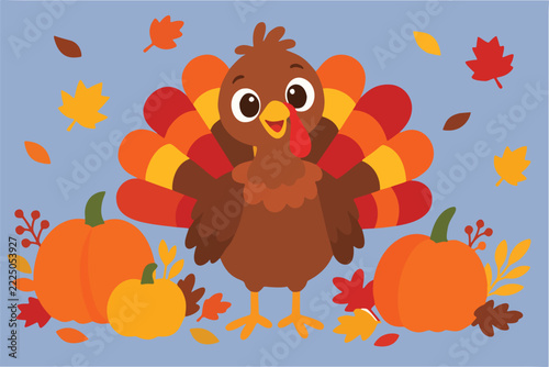 Cute cartoon Thanksgiving turkey with autumn pumpkins and fall leaves, flat vector illustration