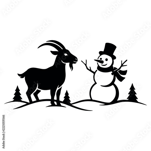 Goat and snowman in snowy winter landscape silhouette