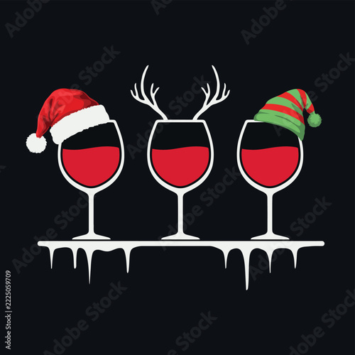Christmas wine glasses with Santa hat antlers and elf hat
