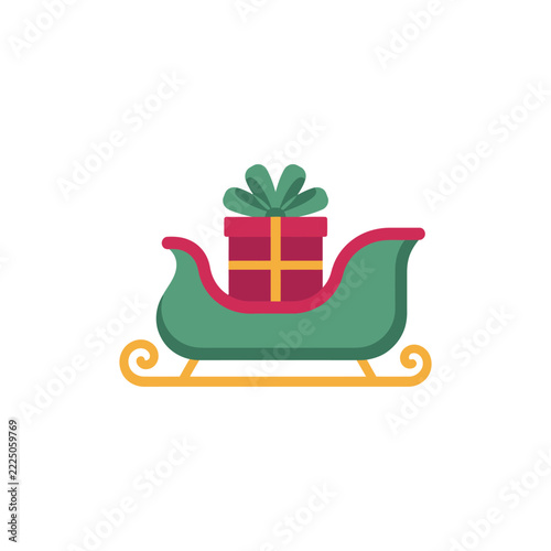 Santa sleigh with red Christmas gift box flat icon