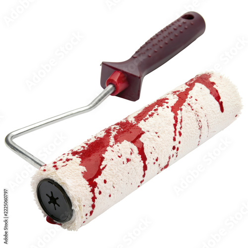 Paint roller with red paint splatters isolated on white background Halloween