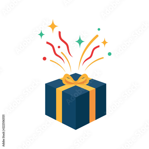 Blue gift box with gold ribbon and confetti