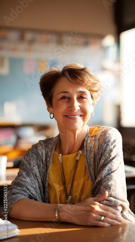 Vertical portrait teacher smiling warmly in classroom, mature woman seated at desk with folded arms and gentle expression