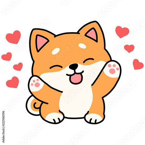 Cute happy Shiba Inu dog waving with hearts