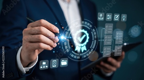 Professional marketer presenting quality assurance standards, compliance certification, and digital audit checklists through an interactive interface to streamline efficient enterprise workflows.