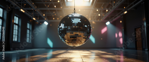 Spinning disco ball projecting moving reflections on walls and ceiling for party invitations, nightclub websites, and event postcards