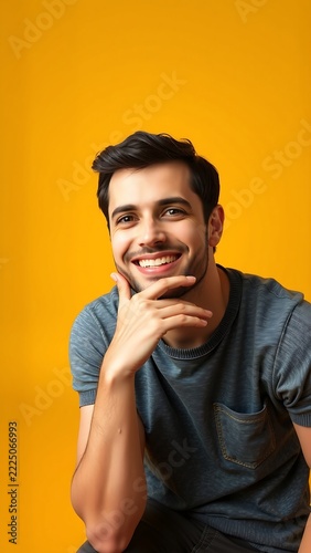 Happy Man Touching Chin Yellow Studio Background