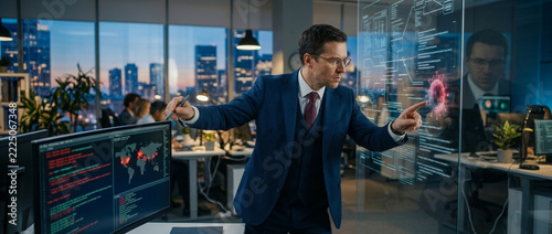 Businessman in suit analyzing futuristic holographic interface with global data and virus simulation in modern office at night