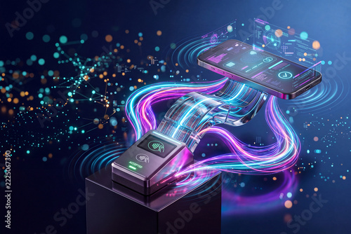 Futuristic Contactless Payment Concept with Floating Smartphone, POS Terminal, and Fiber Light Waves