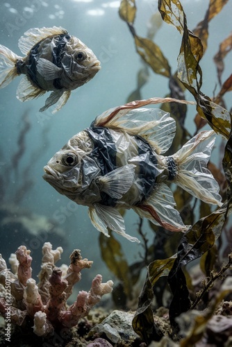 Conceptual image of fish made from plastic bags swimming in polluted ocean water