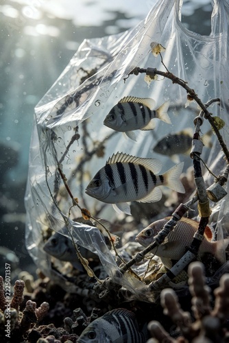 Ocean Plastic Pollution: Fish Trapped in Plastic Bag and Marine Debris