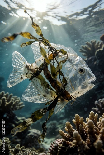 Conceptual Plastic Pollution: A Fish Made of Single-Use Plastic Swimming in the Ocean