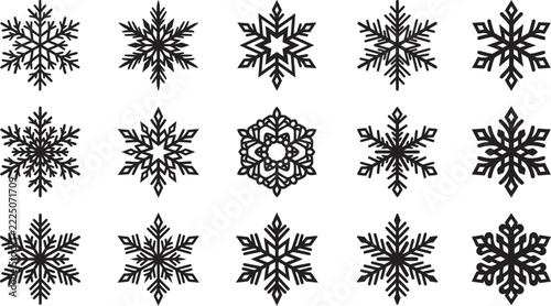 Collection of intricate black snowflakes isolated on white background silhouette