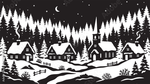 Winter village scene with snow covered houses and tall trees silhouette