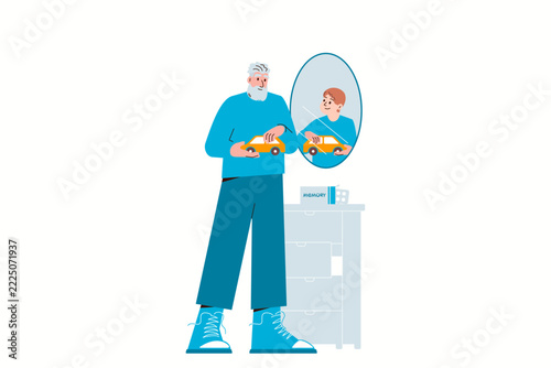 Elderly person with dementia sees their childhood self in mirror. Vector character illustration.