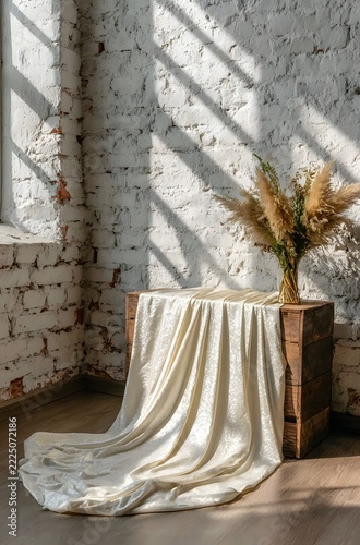 Minimalist interior mockup featuring cream fabric draped over wooden crate against white brick wall.
