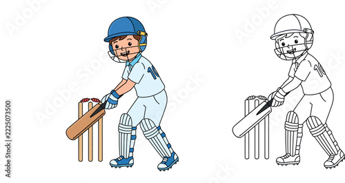 Cartoon Illustration of a Smiling Young Cricket Batsman in Blue Gear Hitting the Wicket (Out) Isolated on White