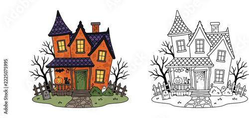 Cute Cartoon Illustration of a Spooky Orange Halloween Haunted House with Purple Roof and Graveyard Elements Isolated on White