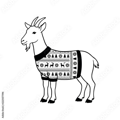 Goat wearing a Christmas fair isle sweater with reindeer pattern