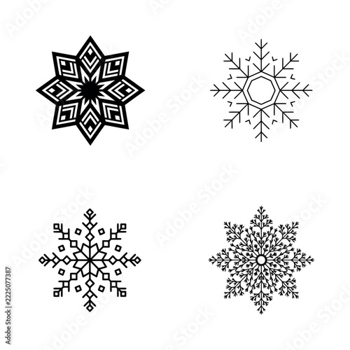 Four black snowflake icons in geometric and line art styles