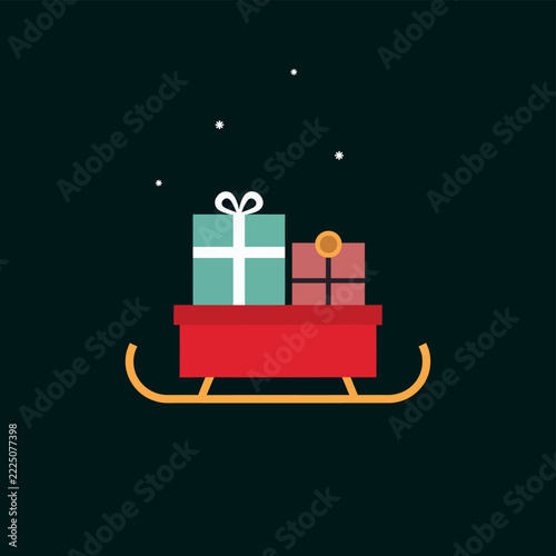 Red sleigh with gift boxes on dark green night background