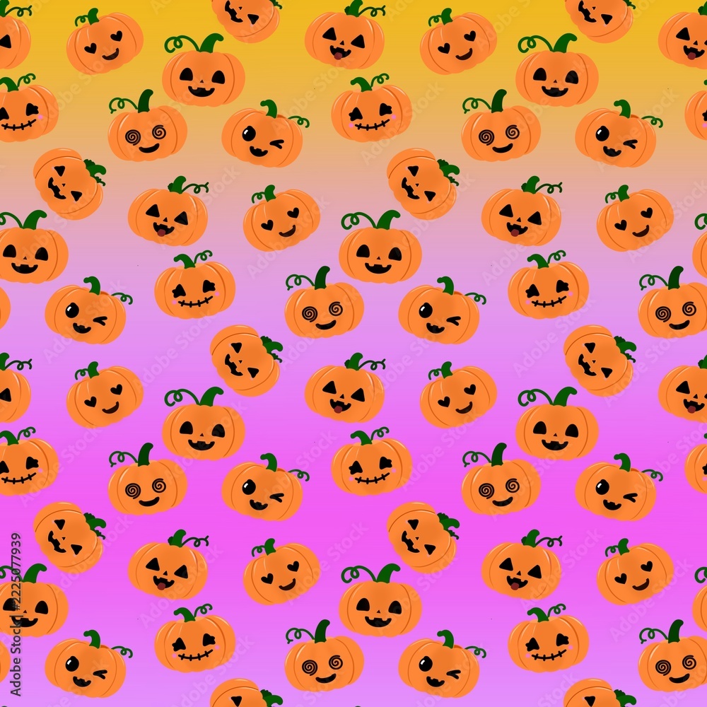 Fototapeta premium Cute Halloween Pumpkin Seamless Pattern with Funny Faces