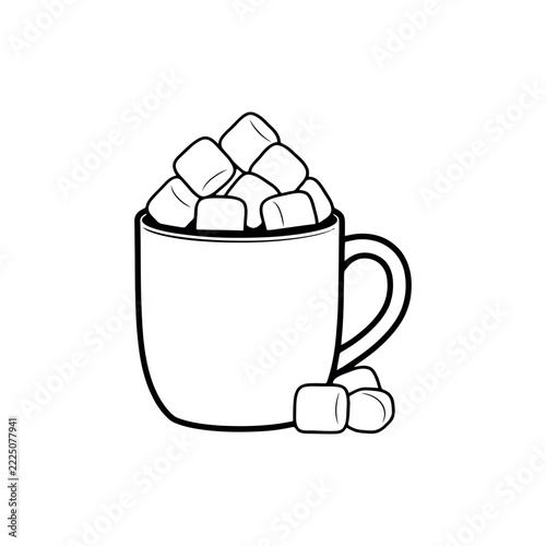 Mug of hot cocoa with marshmallows in line art style