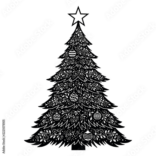Black Christmas tree silhouette with white floral filigree ornaments