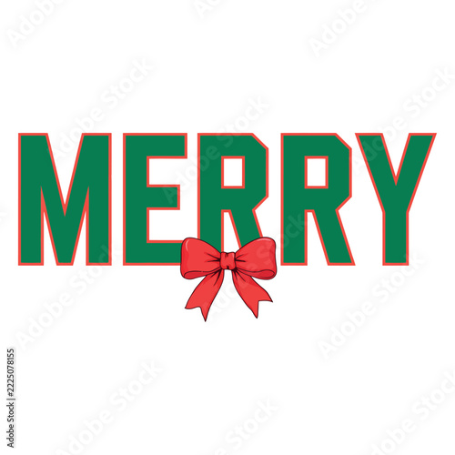 Bold MERRY typography in green with red outline and bow