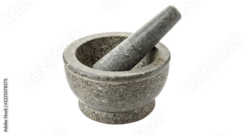 Classic grey stone mortar and pestle kitchen grinding tool, isolated on transparent background.