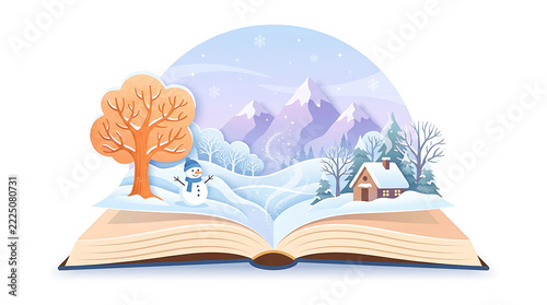 Magical open book with autumn and winter scenes popping out in a fairytale style