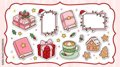 Vintage christmas card illustration with gifts gingerbread house and festive decorations