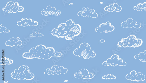 Hand-Drawn White Clouds Seamless Pattern Vector on Light Blue Sky Background