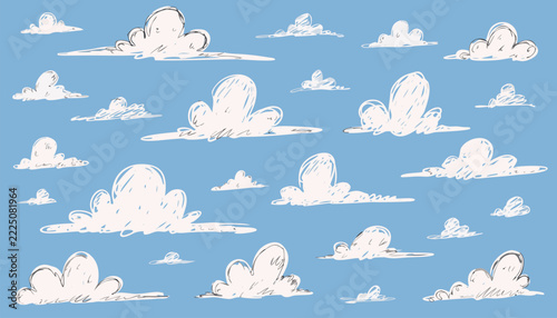 Hand-Drawn White Clouds Seamless Pattern Vector on Light Blue Sky Background