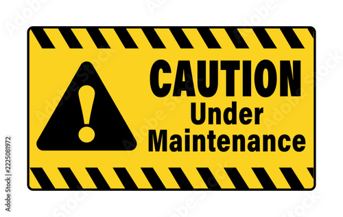 Caution under maintenance yellow warning sign vector template with triangle shape symbol and text by right.