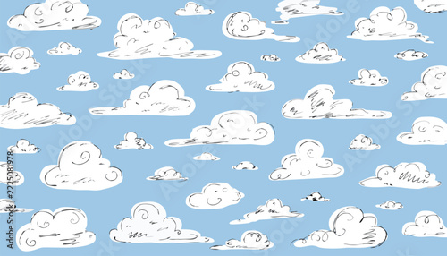 Hand-Drawn White Clouds Seamless Pattern Vector on Light Blue Sky Background