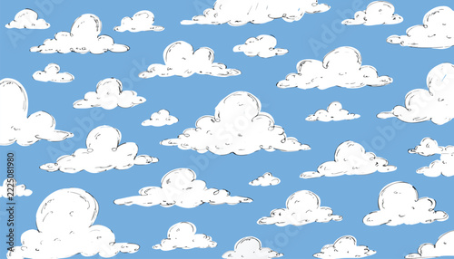 Hand-Drawn White Clouds Seamless Pattern Vector on Light Blue Sky Background