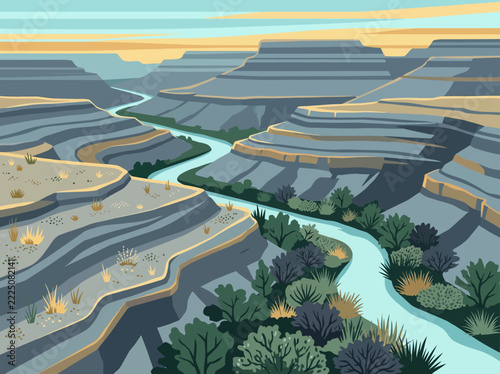 Stylized illustration of a winding river cutting through layered canyon rock formations with green vegetation under a warm sky
