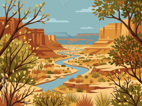 Illustrated desert canyon landscape with winding river, red rock cliffs, and green trees in a flat vector style