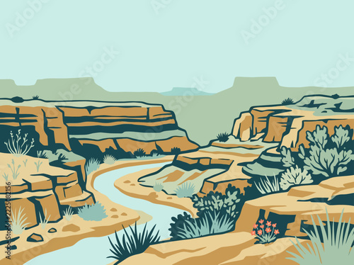 Stylized illustration of a winding river flowing through a rocky desert canyon landscape with layered cliffs and sparse vegetation