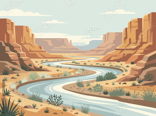 Illustrated desert canyon landscape with a winding river, red rock cliffs, and sparse vegetation under a pale sky