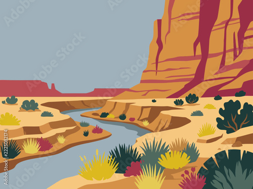 Flat vector illustration of a desert canyon landscape with a winding river, red rock cliffs, and colorful desert plants