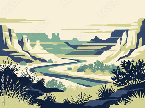 Stylized desert canyon landscape with winding river, mesas, and layered rock formations in muted green and cream tones