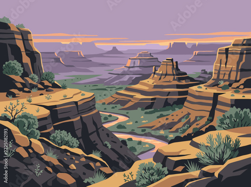 Illustrated desert canyon landscape with layered rock formations, a winding river, and distant mesas under a purple and orange sky