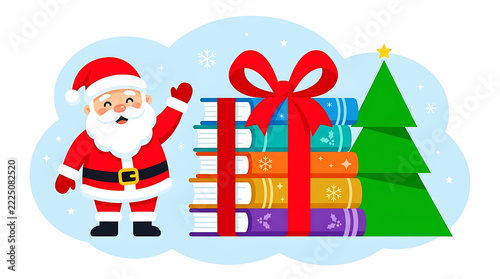 Festive illustration of santa claus with gifts and a decorated christmas tree