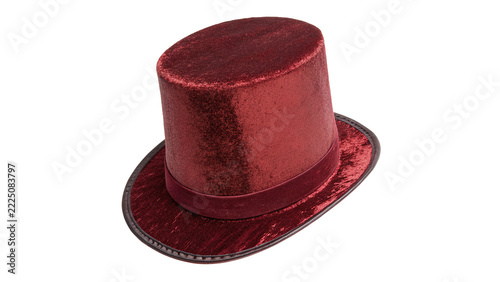 Fotografie Festive shiny red top hat magician costume headwear isolated on white background