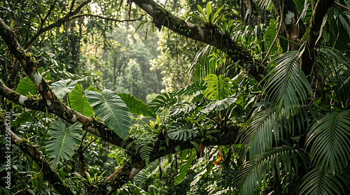Lush Tropical Rainforest Foliage with Dense Green Leaves and Tree Branches in the Sunlit Jungle Canopy